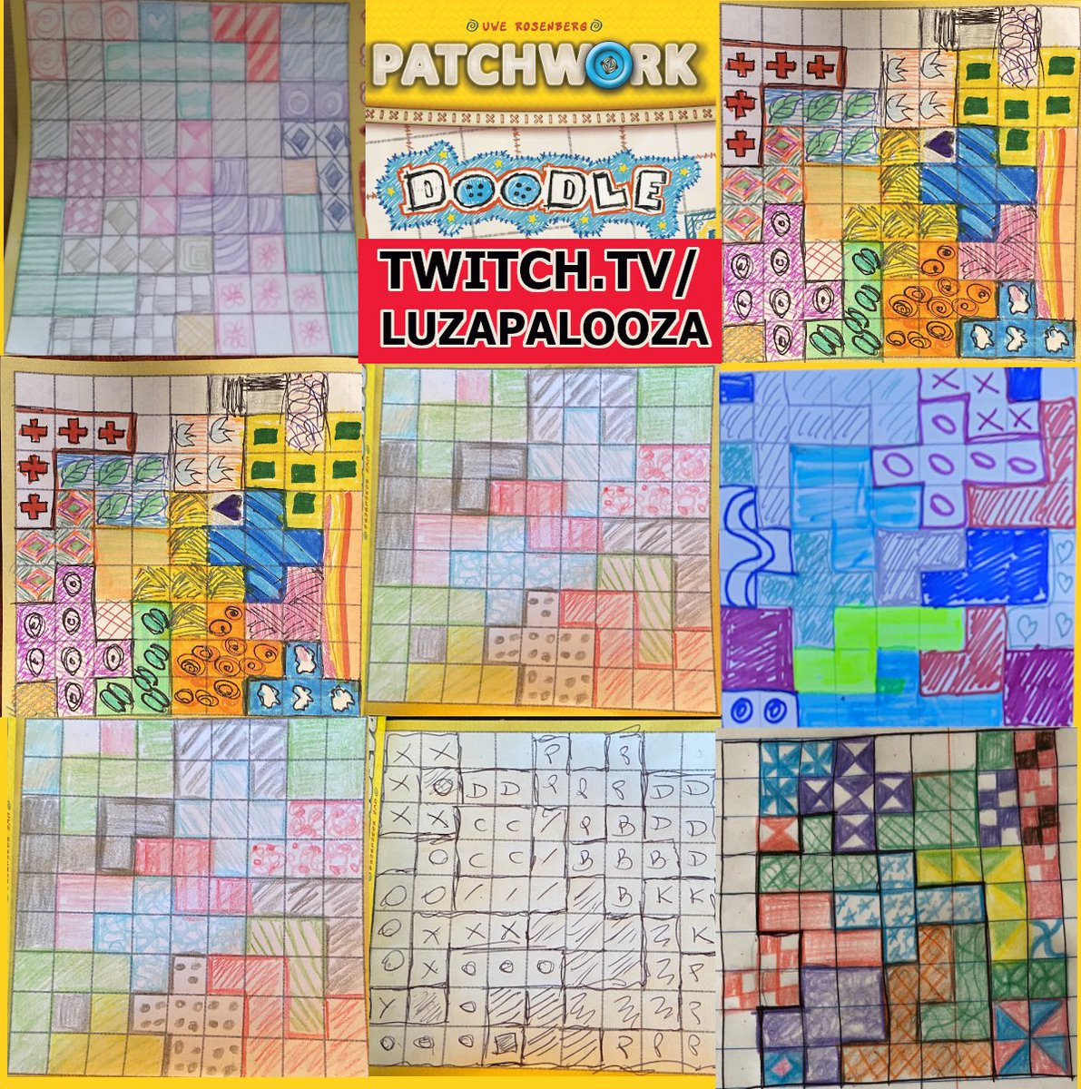TGiBpodcast's tweet photo. Some of yesterdays creations playing @999_games #PatchworkDoodle on our twitch channel. Join us today for a game of #Decrypto. No need to learn the rules, we have you covered. 1pm Pacific, 22.00 Central European Time. https://t.co/5GUQGDP3hL