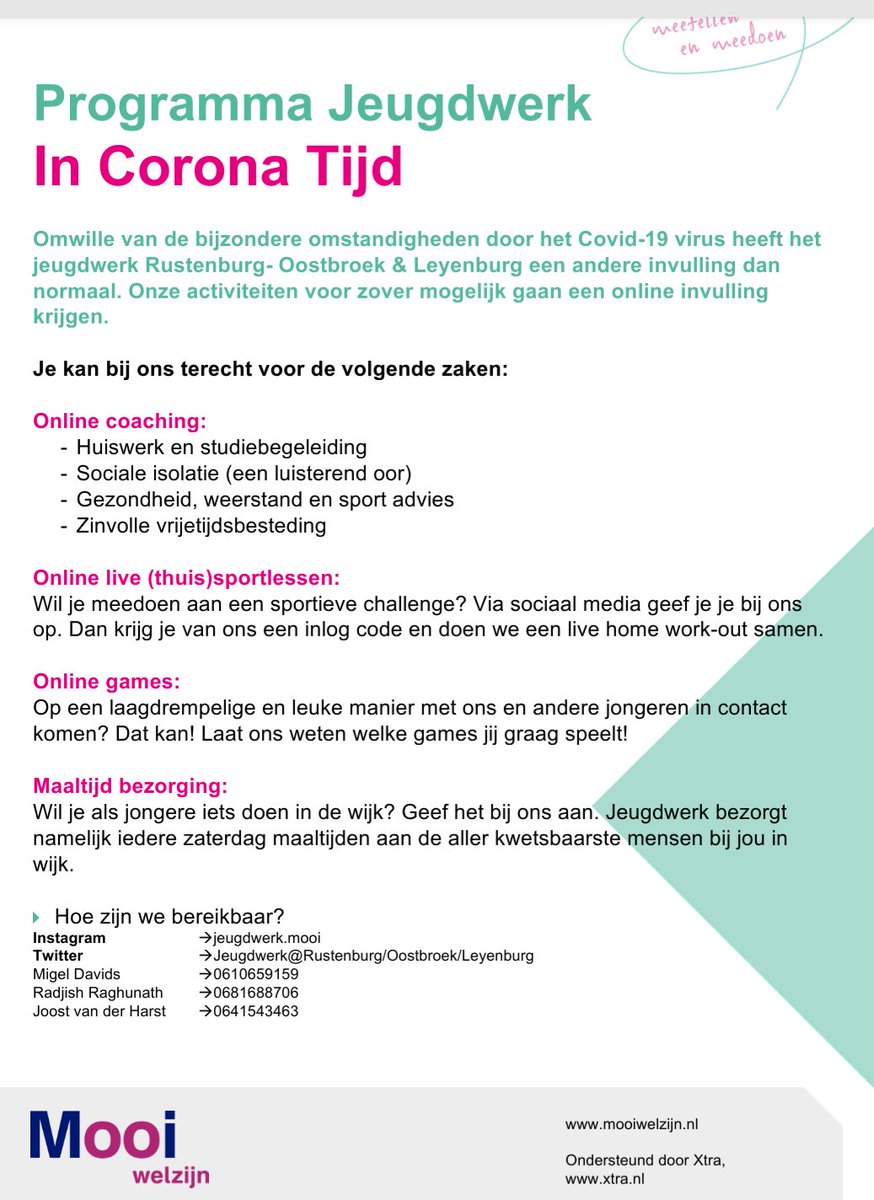 Aangepaste jeugdwerk programma voor de leeftijd van 12 t/m 27 jaar. Bezoek ons online! 

<a href="/MooiROL/">Jeugdwerk#Rustenburg-Oostbroek/Leyenburg</a> <a href="/Mooiwelzijn/">Mooi welzijn</a> <a href="/GemeenteDenHaag/">Gemeente Den Haag</a> <a href="/MinPres/">Dick Schoof</a> @WagLeyenburg <a href="/redactieleyenbu/">Wijkkrant Leyenburg</a> @POL_RustOostbrk <a href="/Haagswijknieuws/">Den Haag Wijknieuws</a> <a href="/BOROnieuws/">BORO</a> <a href="/Sportsupport070/">Sportsupport DenHaag</a> <a href="/BptLeyenburg/">BPT_Leyenburg</a> <a href="/IrmaBolhuis/">Irma Bolhuis</a>