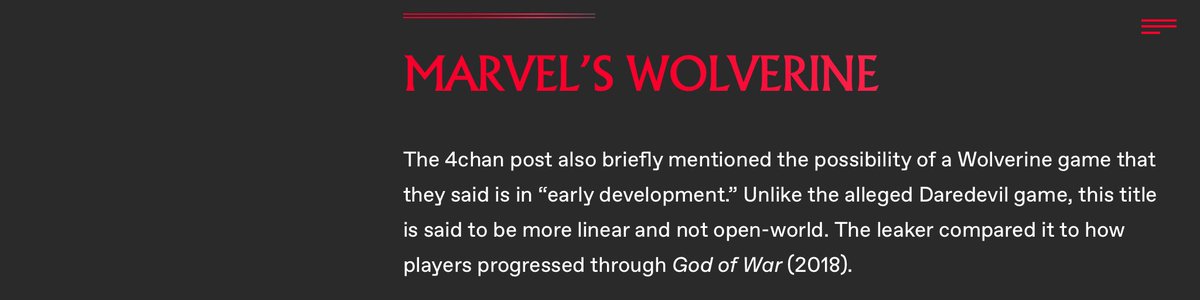 MSM_Access's tweet photo. I know this isn’t Marvel’s Spider-Man related but leaks regarding standalone titles for Wolverine and Daredevil have surfaced online. Could this be set in the same universe as Marvel’s Spider-Man? 🕷🕸

#SpiderManPS4 https://t.co/nyslRkcPkM