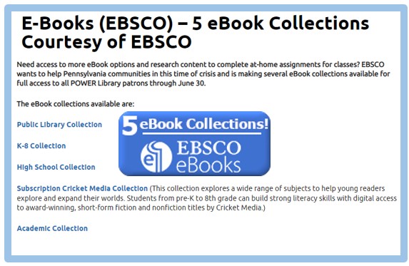 PowerLibrary's tweet photo. 5 eBook Collections added to POWER Library Courtesy of EBSCO! Users now have more eBook options and research content to complete at-home assignments for online classes. Available through 6/30.  https://t.co/zjglldZj7P #research #OnlineLearning
#ebooks #read #powerlibrary https://t.co/7uNYW1TLrH
