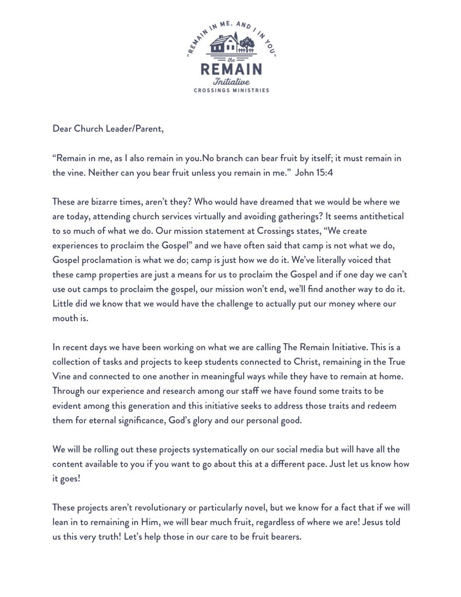 gocrossings's tweet photo. We introduced The Remain Initiative yesterday &amp; will be posting the first challenge today! We’d love families, groups and individuals to participate! Follow along on Instagram or Facebook or go at your own pace. Read about each initiative, in the attached letter. https://t.co/NlhvPNAQDv