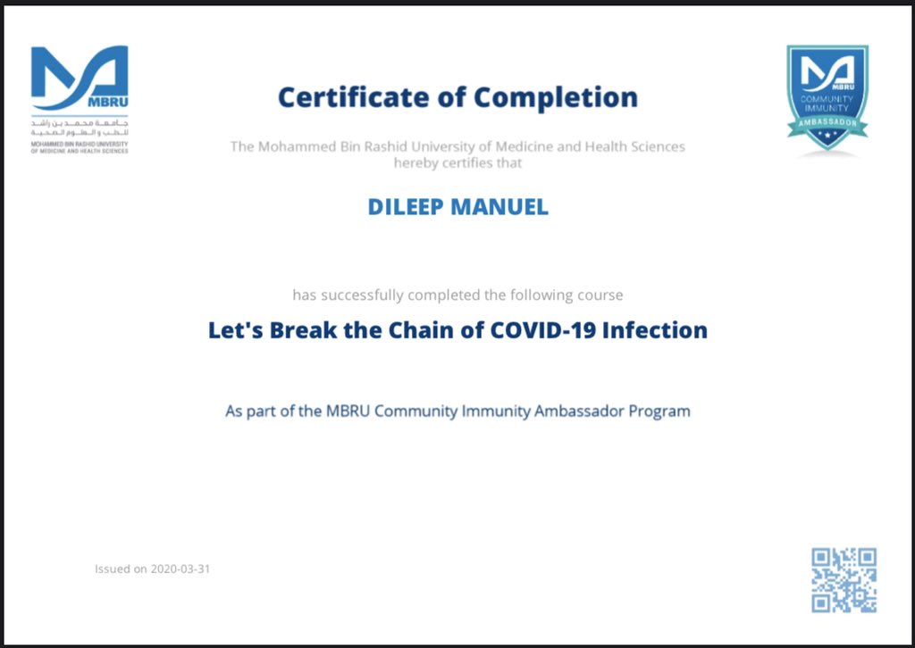 dileepmanuel's tweet photo. #covid-19 #letsbreakthechain #ambassador #online I am now an #MBRUCommunityImmunity Ambassador. I am responsible to protect myself and my community from #COVID-19. I challenge (tag 3 friends/family) to take the course. https://t.co/0lzUq8q6CX <https://t.co/0lzUq8q6CX> https://t.co/JC5vi7XCdn