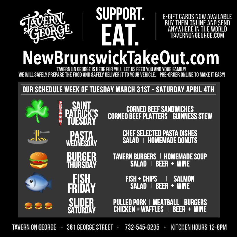 NBCityCenter's tweet photo. Tavern Take-Out TODAY with their ๐St. Patty's Day Reboot๐
Order ahead at https://t.co/C0HRWyAxl9
@DougFollows
#NewBrunswickNJ #centraljerseyeats #ShopLocalNewBrunswick #NewBrunswickEats #DowntownNewBrunswick #CentralJersey #NewJersey #NJ #njstrong #shoplocal #locallove https://t.co/3rT3BiNZWj