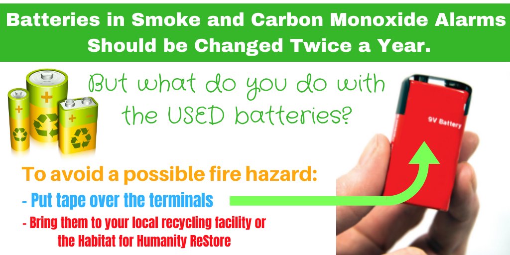 SaultFire's tweet photo. Have you changed the batteries in your alarms lately? If so, what did you do with the used batteries? Make sure they are disposed of properly. #batterydisposal @CitySSM https://t.co/XGIVg2LPfr