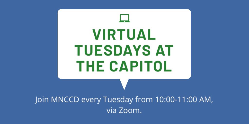 MinnCCD's tweet photo. We are excited to announce VIRTUAL Tuesdays at the Capitol! Beginning next Tuesday, April 7th, join our host @AutismMN for our first virtual Tuesday. More details to come! #MNCCD2020 https://t.co/WCg65Nt1TA