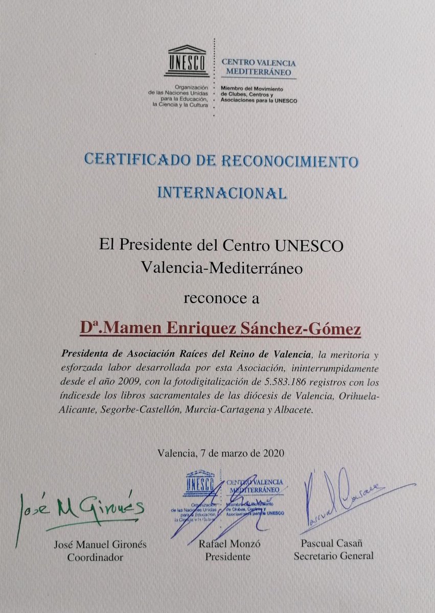 ascagen's tweet photo. A nuestra compañera de @ascagen Mamen Enríquez Sánchez-Gómez le ha otorgado la @UNESCO el Certificado de Reconocimiento Internacional por su trabajo de fotodigitalización e indexación promovido por la Asociación Raíces del Reino de Valencia. ENHORABUENA https://t.co/TU5giMmnpw