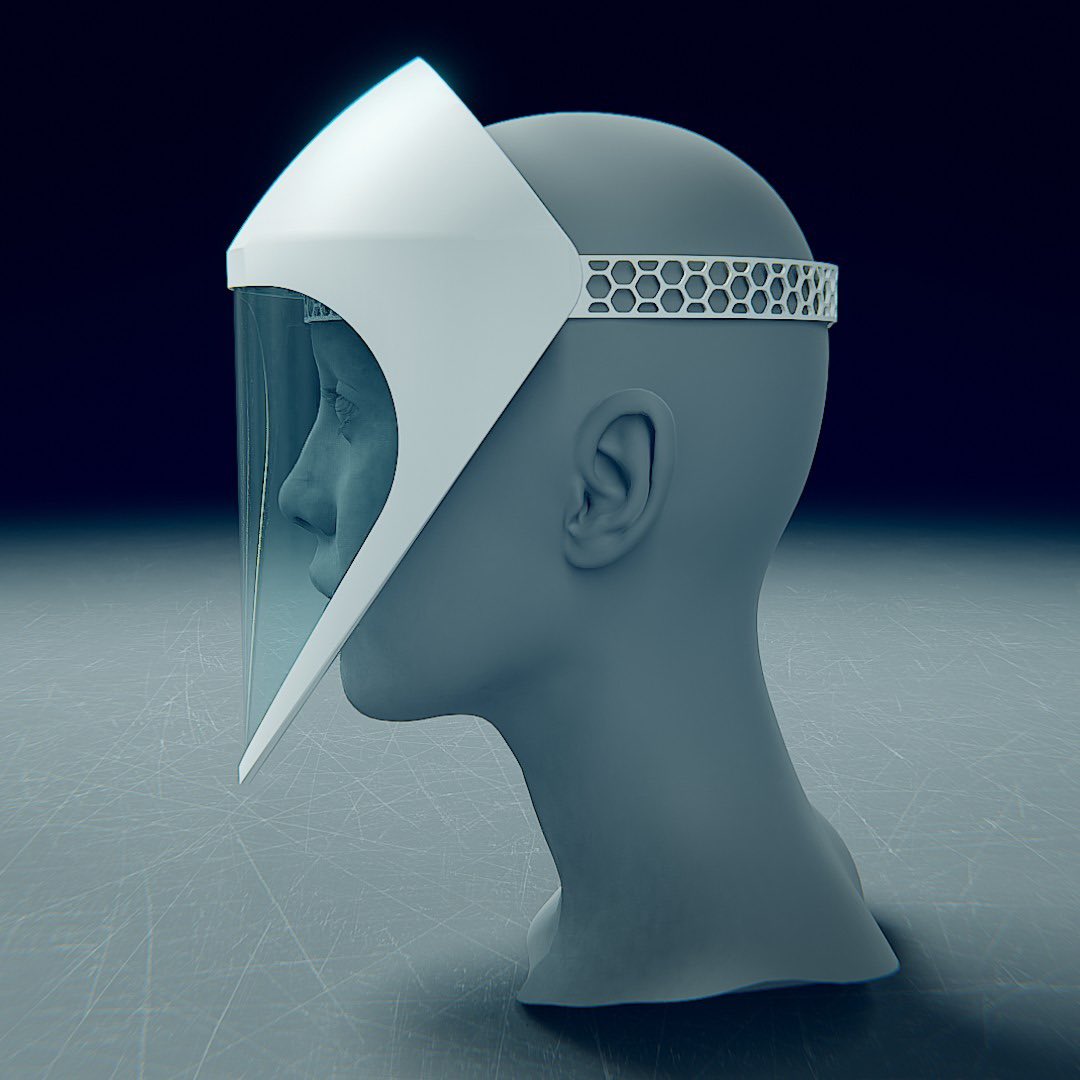 shervin's tweet photo. Final designs for open sourced HealthOS Face Shield with tilt up and down. GitHub fikes below. Honeycomb design to reduce cost and weight. We are now printing hundreds of them to test, approvals and then deliver to health care professionals. https://t.co/jfgiwKzspp