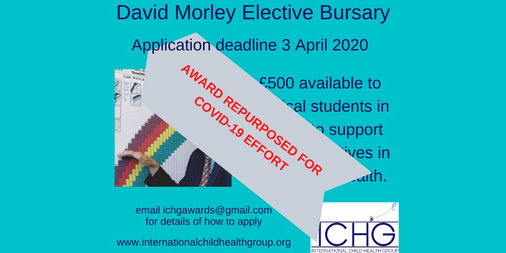 We have £500 available to medical students wishing to carry out projects to help support global #COVID19 efforts. 🌍 Please share 🌏 email ichgawards@gmail.com for details - deadline 3 April #paedsrocks @WeAreSfGH @LSHTM @rcpch_trainees @CUPaediatrics @LondonPaeds @sunilbhop