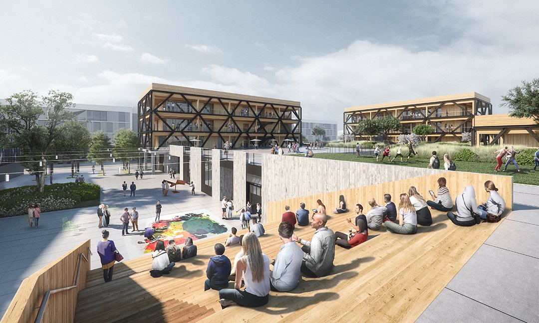 studiogang's tweet photo. Its #masstimber structure is expressed on the exterior of the academic pavilions as a lattice-like frame that provides rigidity during seismic events, sequesters carbon, and creates a space for exterior circulation that overlooks the new campus yard. #DoubleGround https://t.co/e30KsLHICa