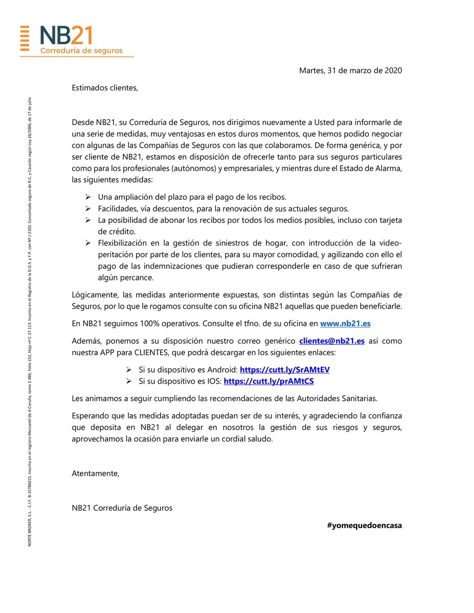 NB21correduria's tweet image. Una situación complicada requiere medidas excepcionales, y eso es lo que hemos hecho en NB21.
Seguimos operativos al 💯❌💯 eso sí, de forma telemática, consulta todas tus dudas y cómo podemos ayudarte nb21.es/oficinas.aspx #quedateencasa #estacurvalaparamosentretodos