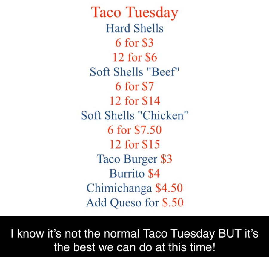 5th_Street_Bar's tweet photo. We are still here doing our best!  Come grab some tacos togo https://t.co/hxR5Gwc7sm