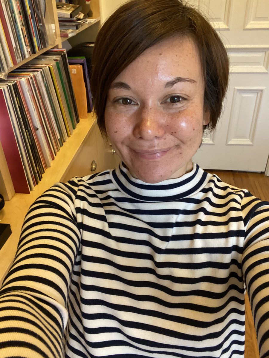 degi14's tweet photo. Home office selfie on #nationalstripesday bonus points if you can indenting the back of the first LP sticking out from my bottom shelf. https://t.co/mSLylDUhEH