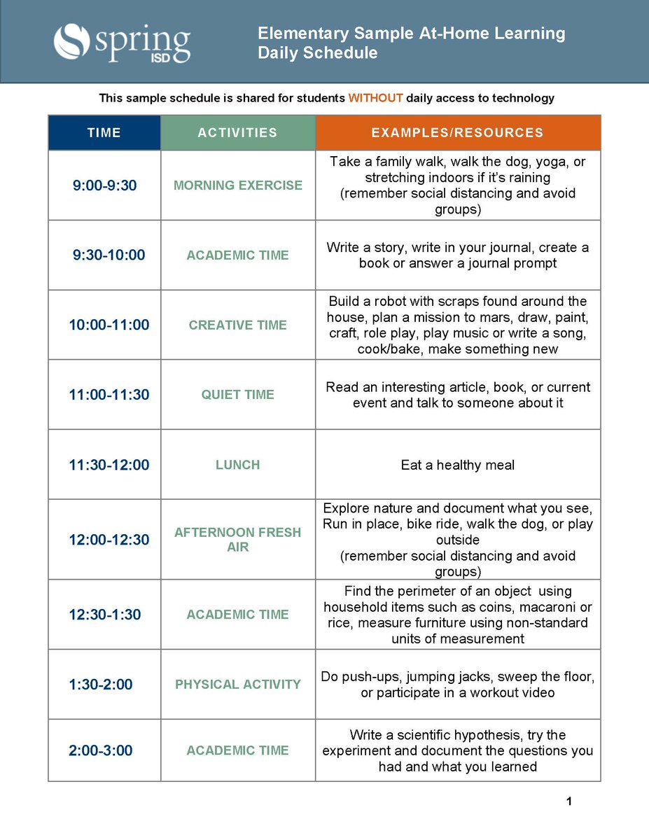 SpringISD's tweet photo. Spring ISD believes that students need structure to learn and grow. If you’re in need of guidance on creating structure during this time, please refer to https://t.co/bw9iu1fPjj for access to our sample daily schedules. #StayHealthySpring https://t.co/BpNpnN687C