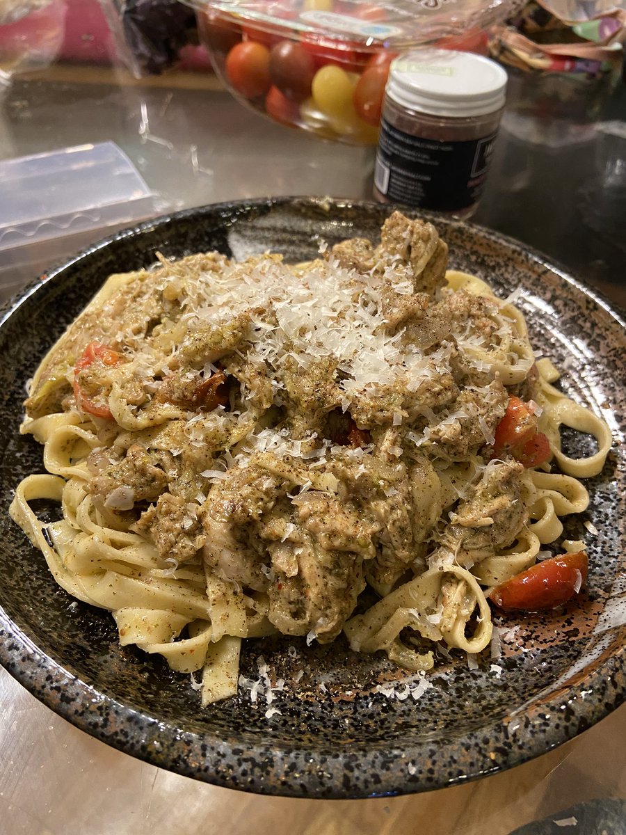 Day 14 (3/30): we made pesto chicken with home made linguini (tasted better than it looked)