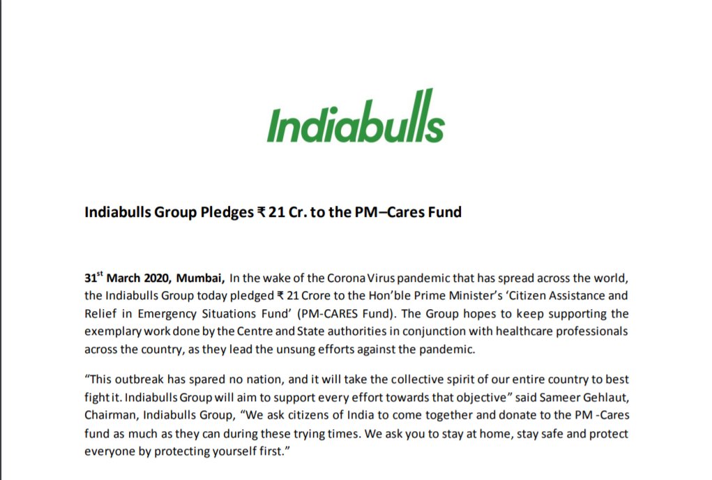 To support the impeccable work of our healthcare heroes in the war against COVID-19, Indiabulls Group pledges ₹ 21 Crores to the PM’s CARES Fund. We aim to keep supporting the cause and helping our nation remain safe. #Covid19 #IndiaFightsCorona #PMCARES <a href="/narendramodi/">Narendra Modi</a> <a href="/PMOIndia/">PMO India</a>