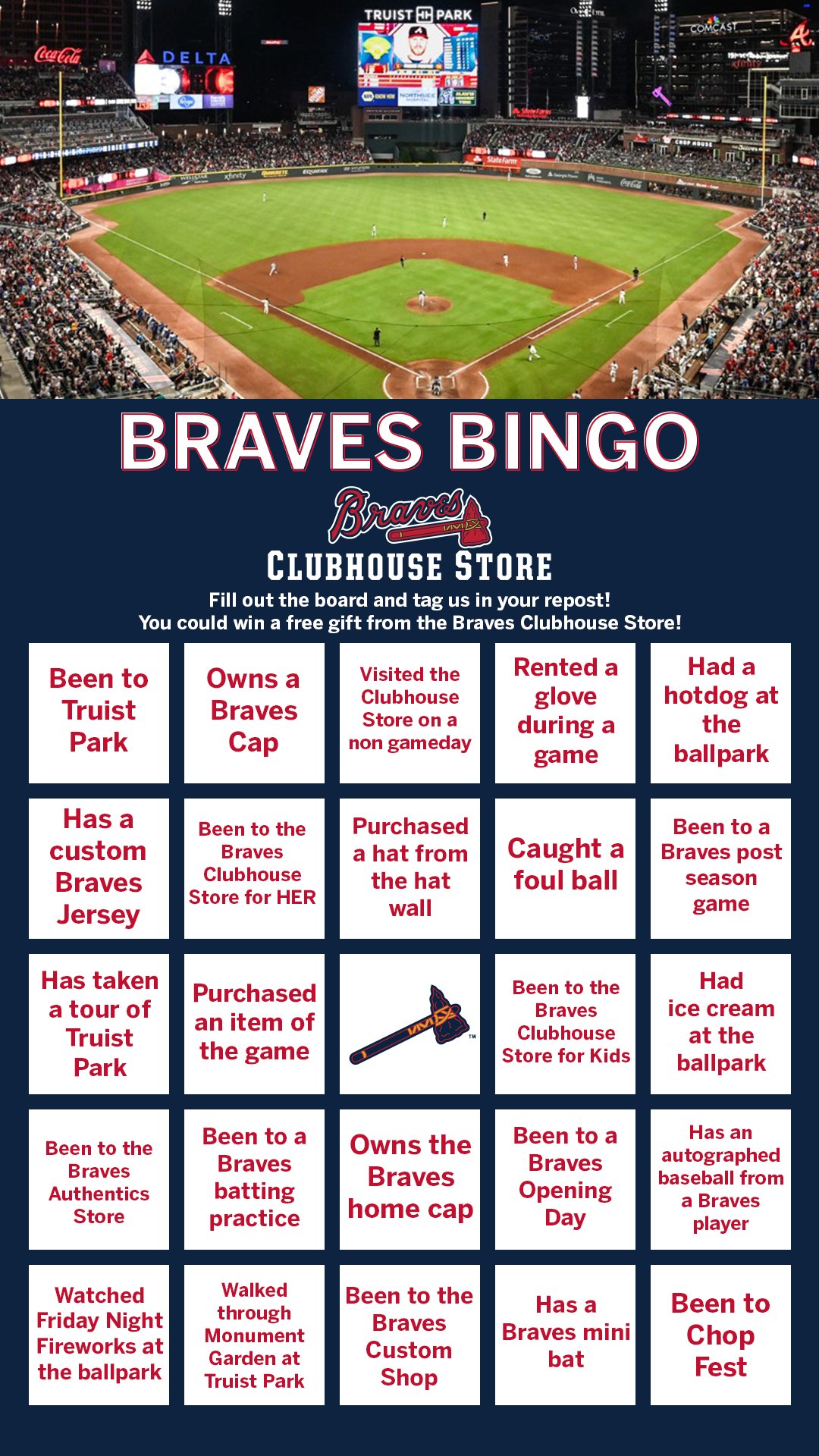 Braves Retail on X: Let's play BINGO! Reply with your complete board and  you could win a free gift from the @Braves Clubhouse Store!   / X