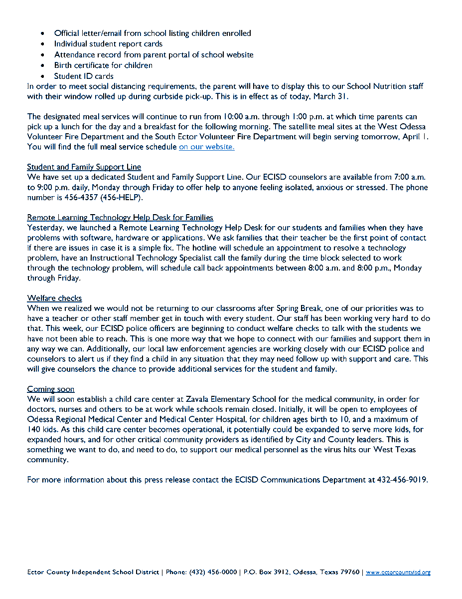EctorCountyISD's tweet photo. Ector County ISD is extending the current school closure through Friday, May 1. In accordance with this decision, all District activities, contests, and events scheduled through May 1 are cancelled or postponed. Our full announcement can be found here https://t.co/cIWnbO18vD https://t.co/ncr3NIRHHa