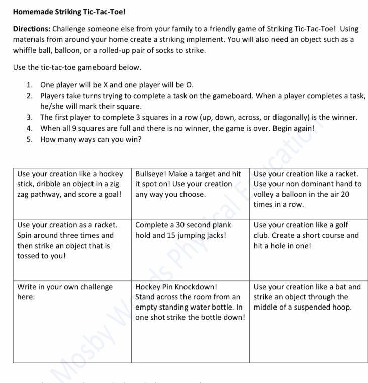 MWES_PE's tweet photo. Try it out Tuesday #2! Grab a family member and challenge them to some “Striking Tic-Tac-Toe!” Good luck!🏒🏓🏏🏸⛳️ https://t.co/zZvUVFBVMk