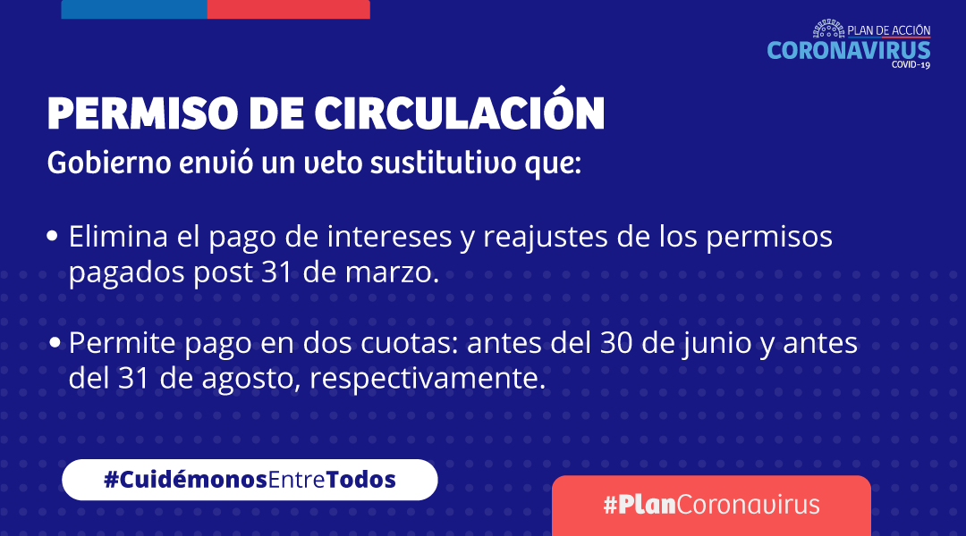 GobiernodeChile's tweet photo. Pdte. @sebastianpinera anuncia envío de veto sustitutivo que elimina pago de intereses y reajustes de los permisos de circulación pagados post 31 de marzo, y que además permite el pago en dos cuotas. https://t.co/tn8dCbcq7W