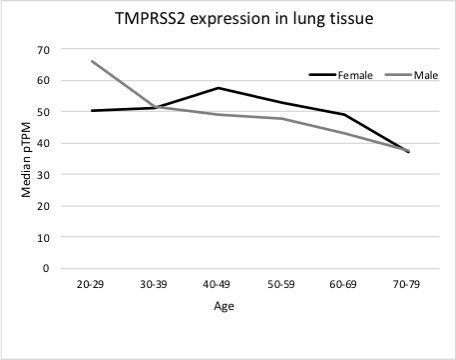 We were interested to see if age/sex determines TMPRSS2 lung protein. Based on the Protein Atlas data, only males in the 20-29 year age group express more TMPRSS2 in the lung compared to females- we cannot rule out a functional link. https://www.proteinatlas.org/ENSG00000184012-TMPRSS2/tissue/lung #COVID1913/x