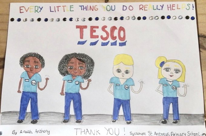 CitizensUK's tweet photo. Around 55% of #KeyWorkers filling shelves in our supermarkets don't earn a real #LivingWage. Please RT and share this picture created by pupils at member school @StAntsE7  to join our call for a #LivingWage4KeyWorkers #ThankKeyWorkers 👏 https://t.co/N2iTbmXnK8