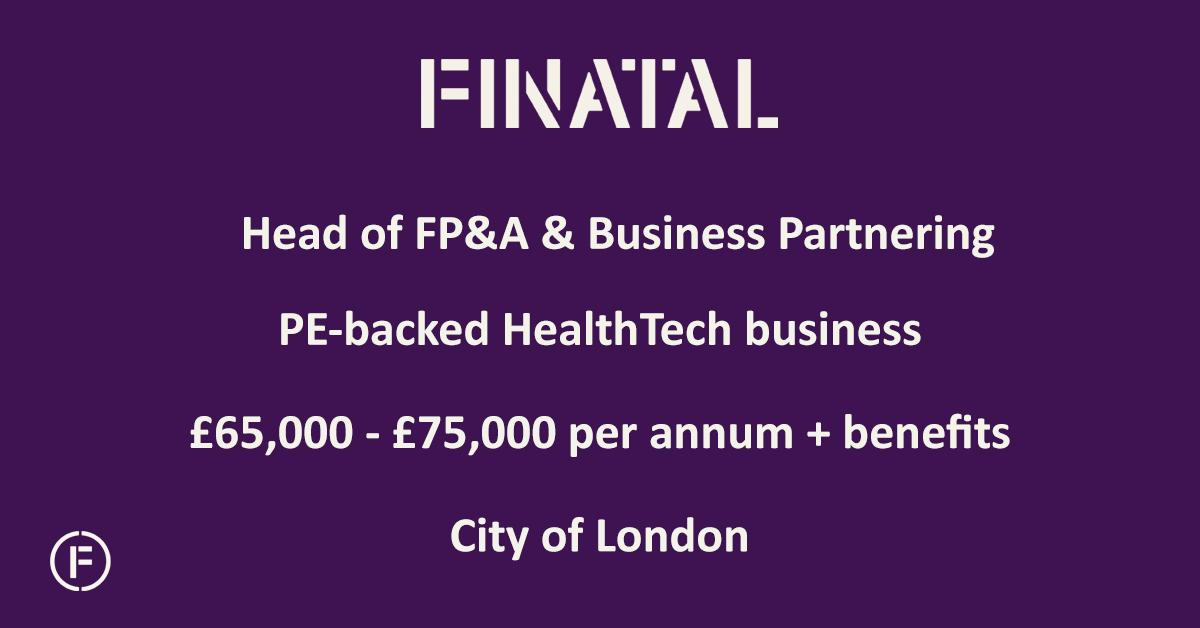 Finatal_'s tweet photo. Head of FP&amp;A &amp; Business Partnering, PE-backed HealthTech business, £65,000 - £75,000 per annum + benefits, City of London. Visit https://t.co/BPj7SEu6pq to find out more or get in touch with Nick Hague at nick.hague@finatal.com to discuss this role further. #financejobs https://t.co/GFuyiriDxT