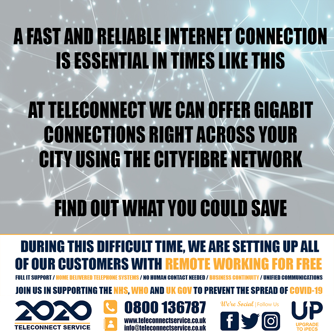 TeleconnectLtd's tweet image. A fast and reliable internet connection is essential in times like this.

#Teleconnect #CityFibre #Fibre #LeasedLines #Internet #Connectivity #Broadband #Web #IT #Gigabit #Business #B2B #Leeds #LockDown #Isolation #Coronavirus