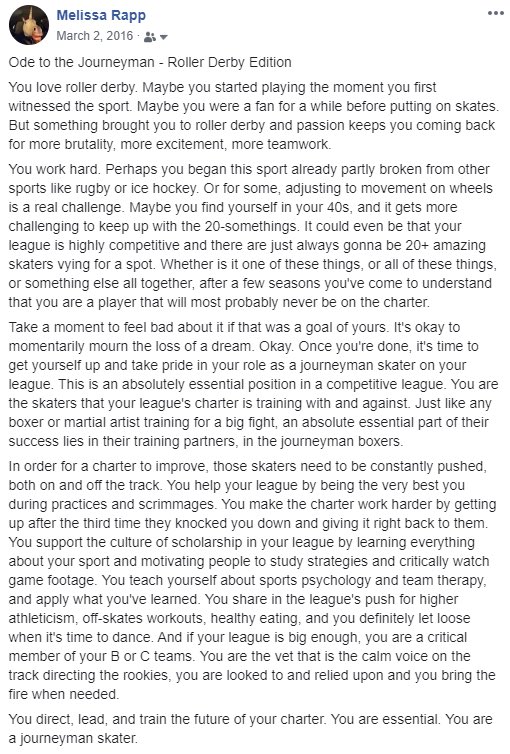 Power4thWhistle's tweet photo. Right in the feels. ❤️

Ode to the Journeyman — referenced in this week’s podcast episode with Bork Bork Bork (https://t.co/pqv5DOfaYR)

Written by @windycityroller TT Coach, Rappscallion in 2016.

#derbytwitter #rollerderby https://t.co/JemMXUsUkc