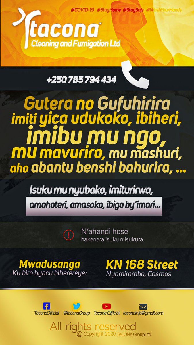 TaconaGroup's tweet photo. Ikintu cya mbere na makuru. Izi services zose ntuvunike turazigufasha neza kandi vuba 
#cleaning #fumigation https://t.co/6w6YxXiyuZ