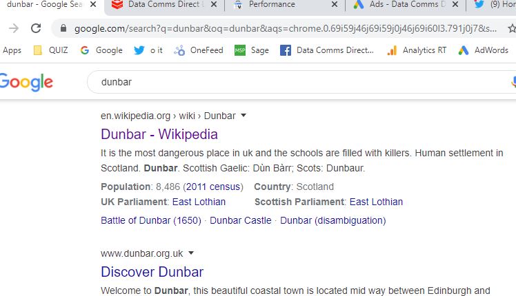 Just looked up #Dunbar on Google to check a delivery address... Looks like a funster managed to edit the page on google bot crawl day! ...