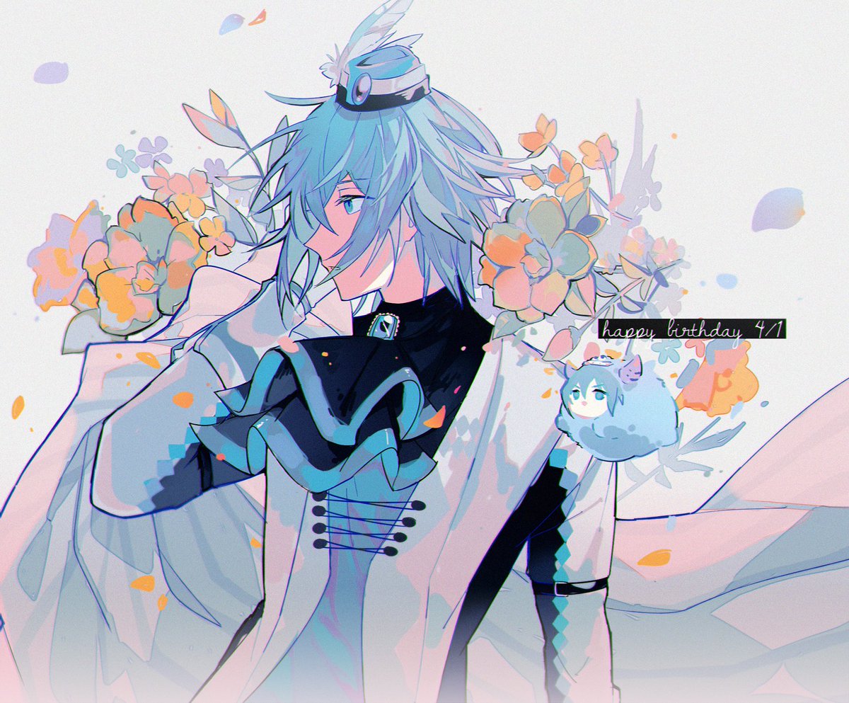 1boy male focus flower blue hair blue eyes gloves hat  illustration images