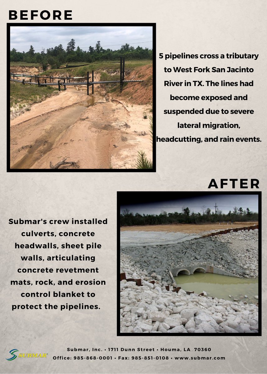 SubmarInc's tweet photo. Check out this recently completed job in Texas! We're proud of our crew for their hard work in protecting these pipelines while preventing further erosion.
#submar #erosion #erosioncontrol #pipelines #oilandgas #texas #engineering #construction #turnkeysolutions https://t.co/ZreD7cU6TR