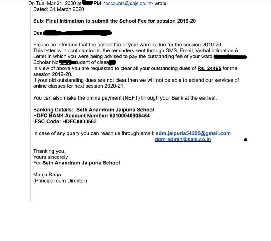 GzbParents's tweet photo. Parents request @dm_ghaziabad &amp; DIOS to take action under Fee Regulation Act, against school demanding Fee without determination of the same by DFRC. 1/n

@ChiefSecyUP 
@AmitShahOffice 
@MrityunjayUP 
@_AKKaushik @myogiadityanath @narendramodi 
#coronavirusindia 
#Coronafighters https://t.co/oROzEjeumF