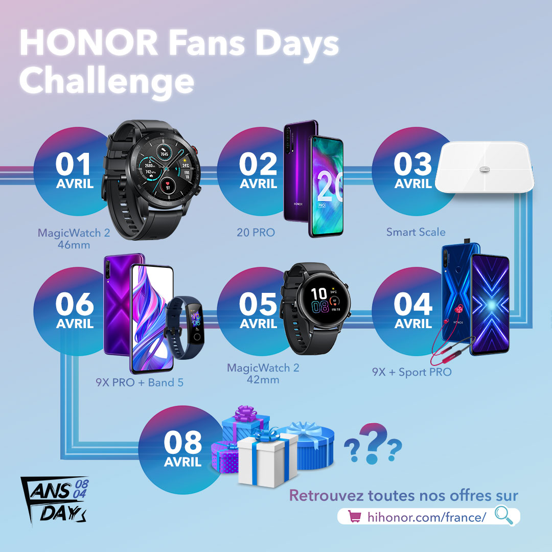 Honor_FR's tweet photo. Du 1er au 6 avril tentez de remporter un des produits HONOR mis en jeu ! 🎁

Retrouvez nos offres sur https://t.co/hIr9YDDTkq

#HonorFansDays  #HiHonor https://t.co/veJ2K60QPG
