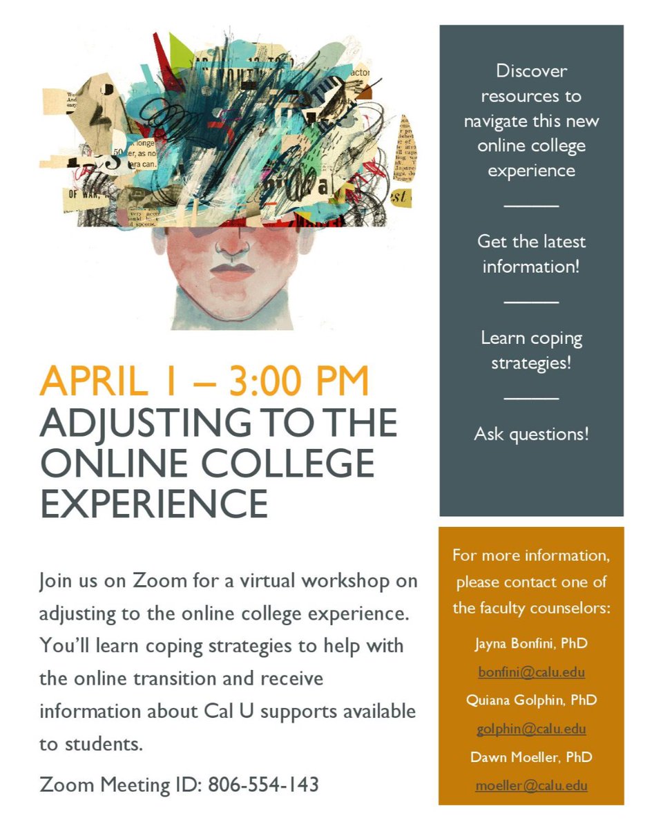 The Counseling Center will offer “Adjusting to the Online College Experience," a virtual workshop, 3-4 p.m. April 1 to help students with the transition to online/distance education.

For more, calu.edu/news/2020/here….