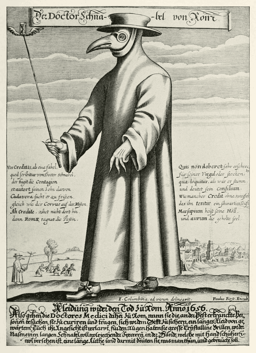 14th century the Black Death Plague doctor in mask & costume.Plague doctors wore a mask with a bird-like beak to protect them from being infected by deadly diseases such as the Black Death, which they believed was airborne. In fact, they thought disease was spread by miasma.