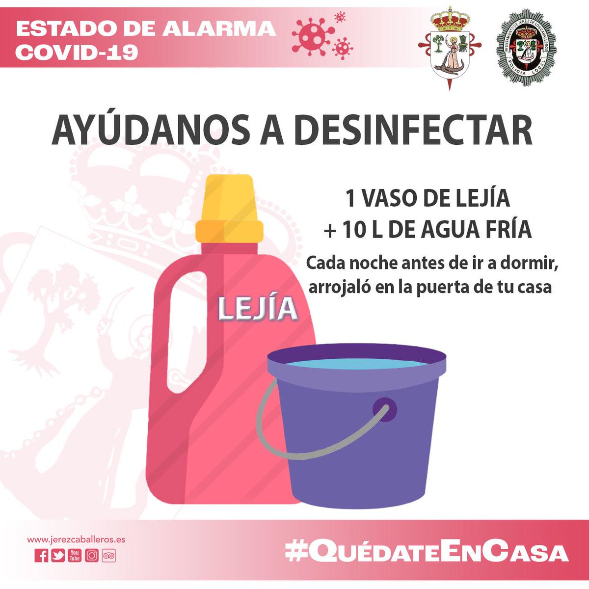 ℹ️ El Ayuntamiento de Jerez de los Caballeros solicita la colaboración de los vecinos para que realicen una desinfección con agua y lejía de la zona de acceso a sus viviendas. 
Tod@s unid@s, superaremos esta crisis. 💪 #Coronavirus #QuédateEnCasa