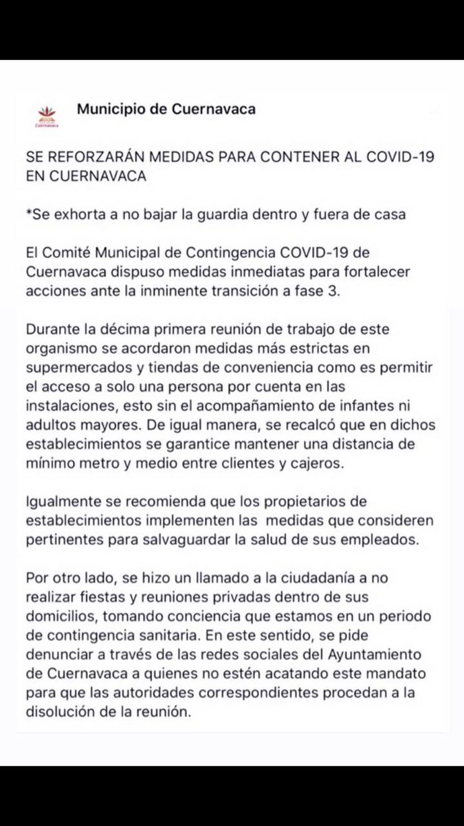 TeodoroRenteria's tweet photo. El @CuernavacaGob convoca a la sociedad a reforzar medidas de seguridad en este momento de transición rumbo a la Fase 3 de la Pandemia. https://t.co/FUcEqHyW1a