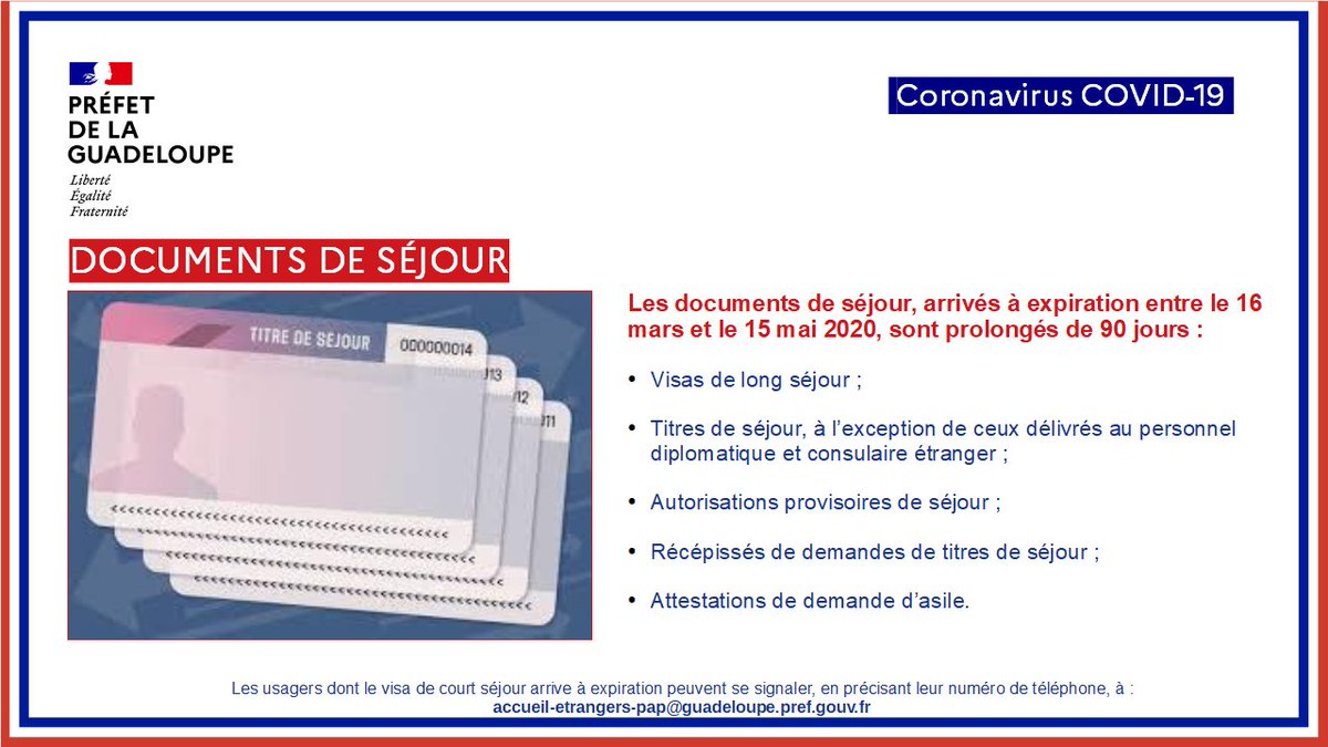 #Coronavirus
🔴En raison des circonstances exceptionnelles liées au #COVID19 <a href="/gouvernementFR/">Gouvernement</a> a décidé de prolonger de 90 jours la durée de validité des documents de séjour arrivés à expiration entre le 16/3 &amp; le15/5/2020⤵️
ℹ️bit.ly/3ay2COD
