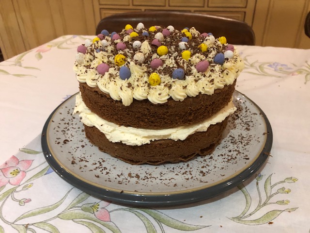 Mr and Mrs R are working on their cake decorating together. No soggy bottom and this one is 'Berry' well baked. It may well keep for a week in Mary's pantry but not in this household!
