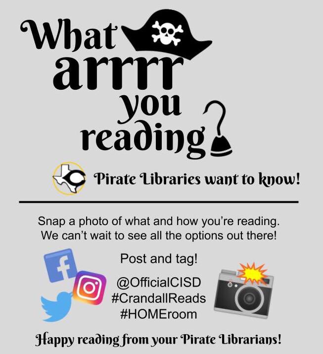 Hey #Pirates! What arrrr you reading? <a href="/OfficialCISD/">Crandall ISD</a>  would love to see what books you're spending time with at home! Post your pictures here! #CrandallReads #HOMEroom #reading <a href="/CrandallHS/">CrandallHS</a>
