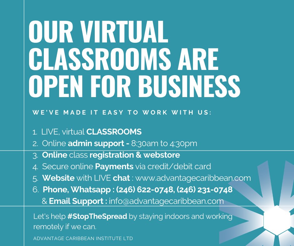 AdvantageCbn's tweet image. Our business is 100% online. 

Visit our website at advantagecaribbean.com now to schedule a class, buy a training subscription or purchase study materials or software for download in our store.

#softwaredownloads #study #training #selfpaced
#covid19response #stopthespread