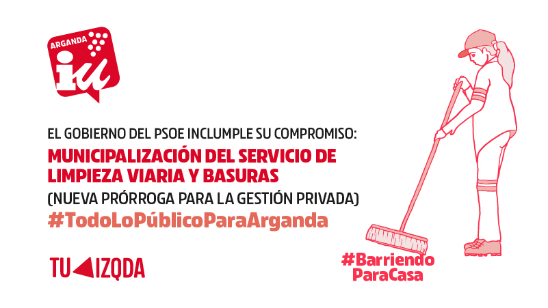 IU_Arganda's tweet photo. Aunque el foco esté en la alarmante crisis sanitaria, debemos denunciar graves incumplimientos por parte del Ayuntamiento de #Arganda como la prórroga privada al servicio de recogida de basuras y limpieza viaria.
#TodoLoPúblicoParaArganda
#BarriendoParaCasa https://t.co/ePkHkCv8FW
