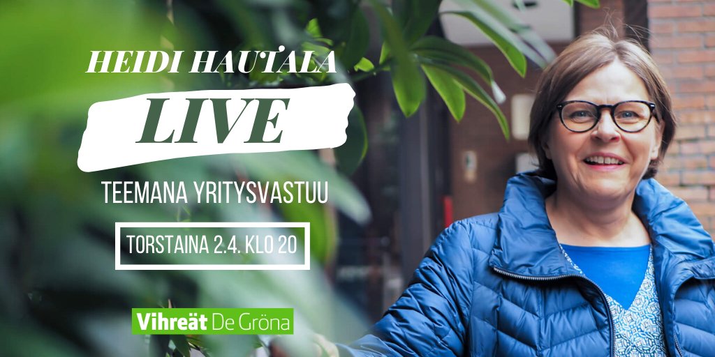 HkiVihreat's tweet photo. Miten vastuullisuutta voi edistää eri tasoilla? Kenen vastuulla on #vastuullisuus? 🌍♻️

#Yritysvastuu-instalive Helsingin Vihreiden tilillä 2.4. klo 20–21. Keskustelemassa MEP @HeidiHautala ja @SallamaariM'uhonen HOK-Elannosta. 

FB-tapahtuma: https://t.co/OaNcJuzY1Z

#vihreät https://t.co/yVuoWCQlzU