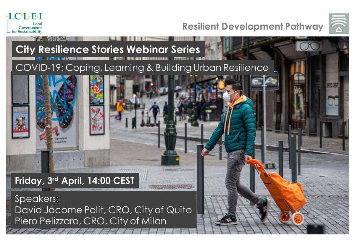 Join us this Friday, 3 April 2020, for the City Resilience Stories Webinar Series. For the first edition "COVID-19: Coping, Learning &amp; Building Urban Resilience", the CROs from Quito and Milan will be sharing their experiences in coping with the pandemic bit.ly/2UOtGT7