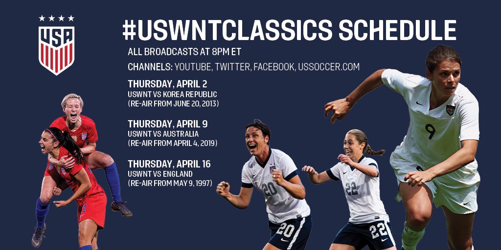 Mark your calendars! 🗓

More #USWNTClassics coming your way 𝘄𝗲𝗲𝗸𝗹𝘆, Thursday nights at 8pm ET!

Tune in on Twitter, Facebook, YouTube and ussoccer.com