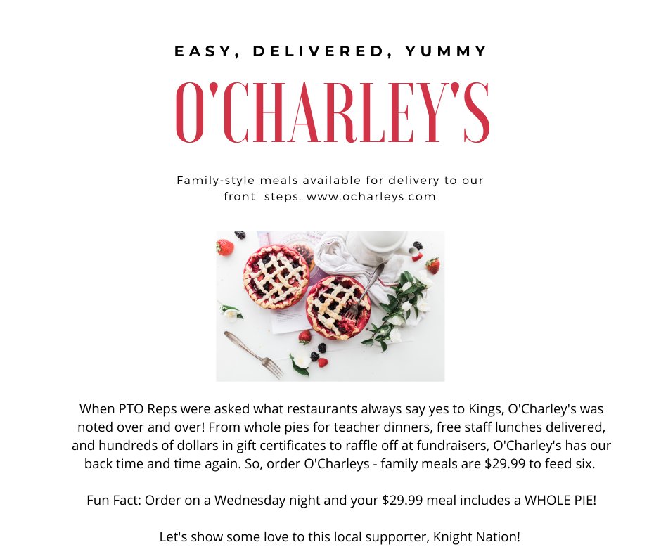 BuildKN's tweet photo. Thank you O'Charley's for always supporting Kings! #freepieWednesday #communitysupport #kingscommunity #takecareofeachother #voteFORkings https://t.co/7hHBcs2Ykf