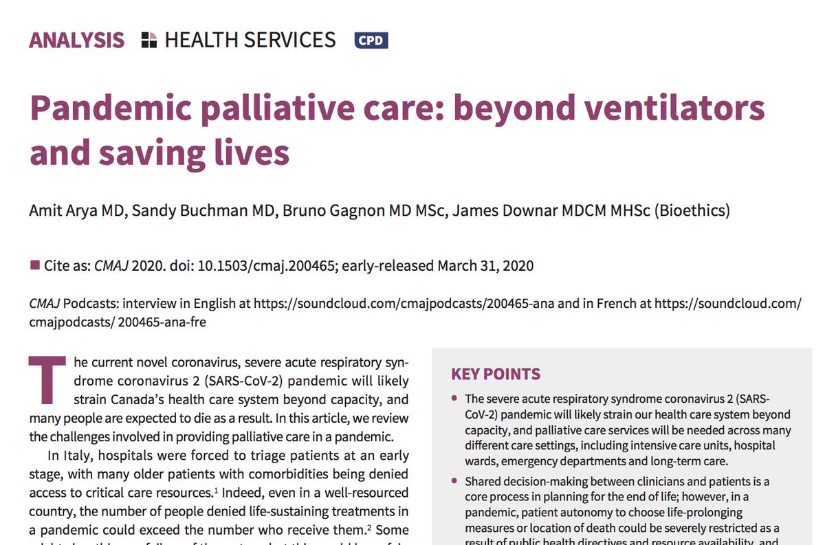 Patients who are not expected to survive should not be abandoned but must receive palliative care as a human right. Practical points in <a href="/CMAJ/">CMAJ</a> on multipronged approach focussed on stuff, staff, space,
systems, sedation, separation, communication and equity cmaj.ca/content/cmaj/e…