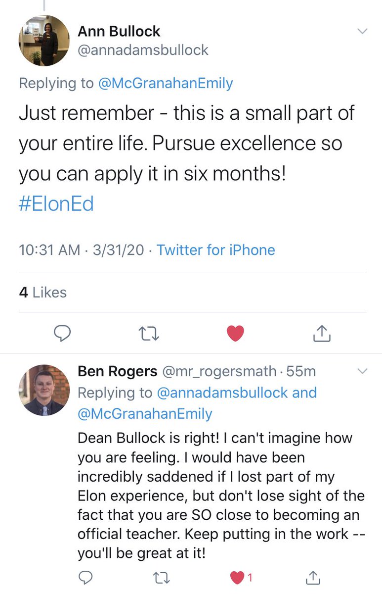 scomorrison's tweet photo. Just to recap: #ElonEd student tweets about being sad that she can’t be on campus to learn with her peers, and the dean and an alum respond with empathy, optimism, and encouragement. This is what we do @elonuniversity. https://t.co/asOI37pEpT
