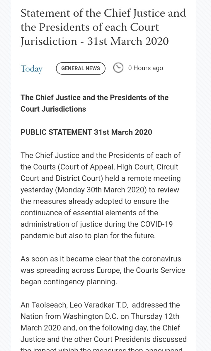 TheBarofIreland's tweet image. Statement from the Chief Justice and Presidents of each Court Jurisdiction.  

Read the full statement at the link below: